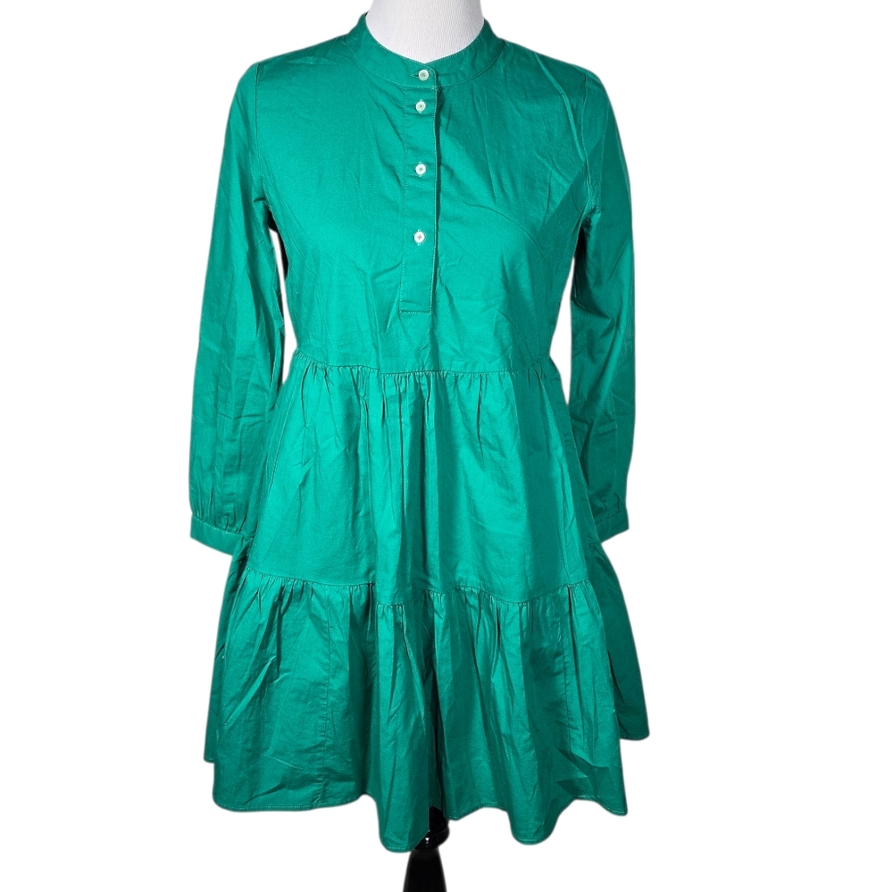 J. Crew J.Crew XS Green Long Sleeve Stretch Cotton Tiered Dress